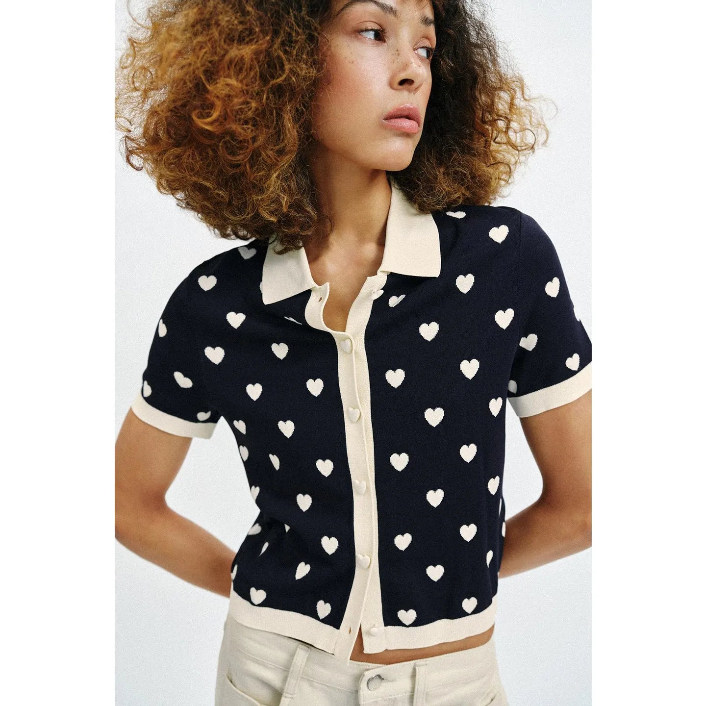 New Summer Women's Street Style  Shirt Turn-down Collar Short Sleeve Color Block Heart Pattern Embroidery Casual Top