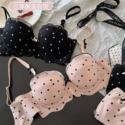 Ensemble Soutien-Gorge French Coquette à Pois Sans Armature, Effet Push Up Pour Petite Poitrine Forme Pêche, Confortable et Sexy