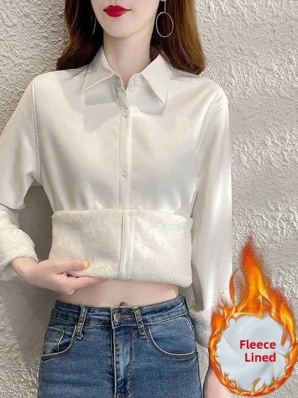 Women's Collared Fleece Lined Thickened Fashionable Shirt Korean Style Commute Wind Loose Fit Long Sleeve Warm Autumn Shirt