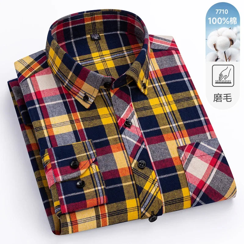New Flannel Plaid Long Sleeve Men Casual Shirts Autumn Winter Fashion Plus Size Regular Fit Smart Dress Shirts Daily Clothes Top