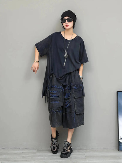 Trendy Cool Fashion Top Women Distressed Asymmetrical Mid-length T-shirt Loose LX5861