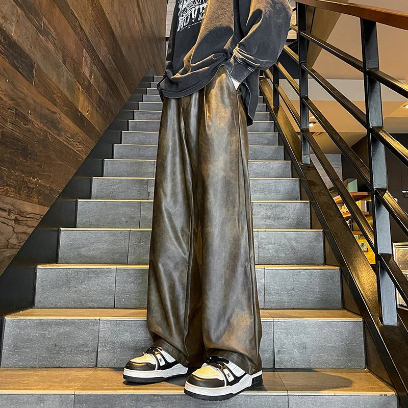 2024 Men's PU Leather pants Fashion baggy Motorcycle Pants Men Wide-leg Mopping Trousers All-match Windproof Plus Size 8XL-M
