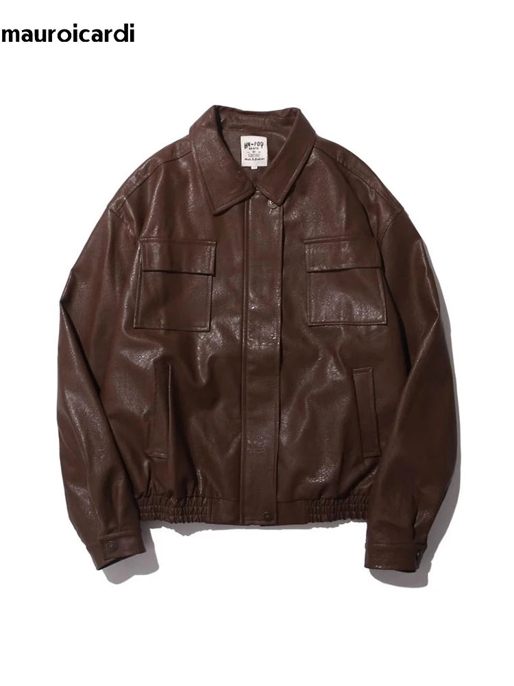 Mauroicardi Autumn Winter Vintage Oversized Cool Brown Black Soft Pu Leather Jacket Men Pockets Loose Casual Unisex Clothes 2023