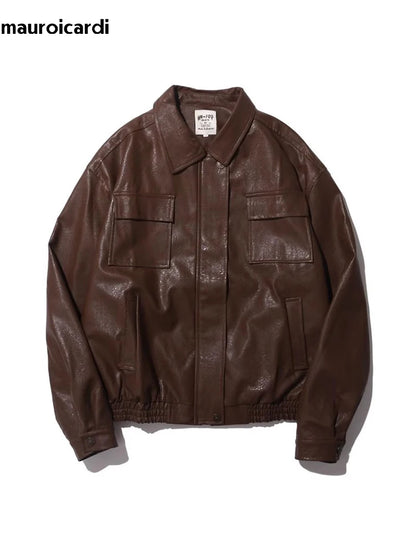 Mauroicardi Autumn Winter Vintage Oversized Cool Brown Black Soft Pu Leather Jacket Men Pockets Loose Casual Unisex Clothes 2023