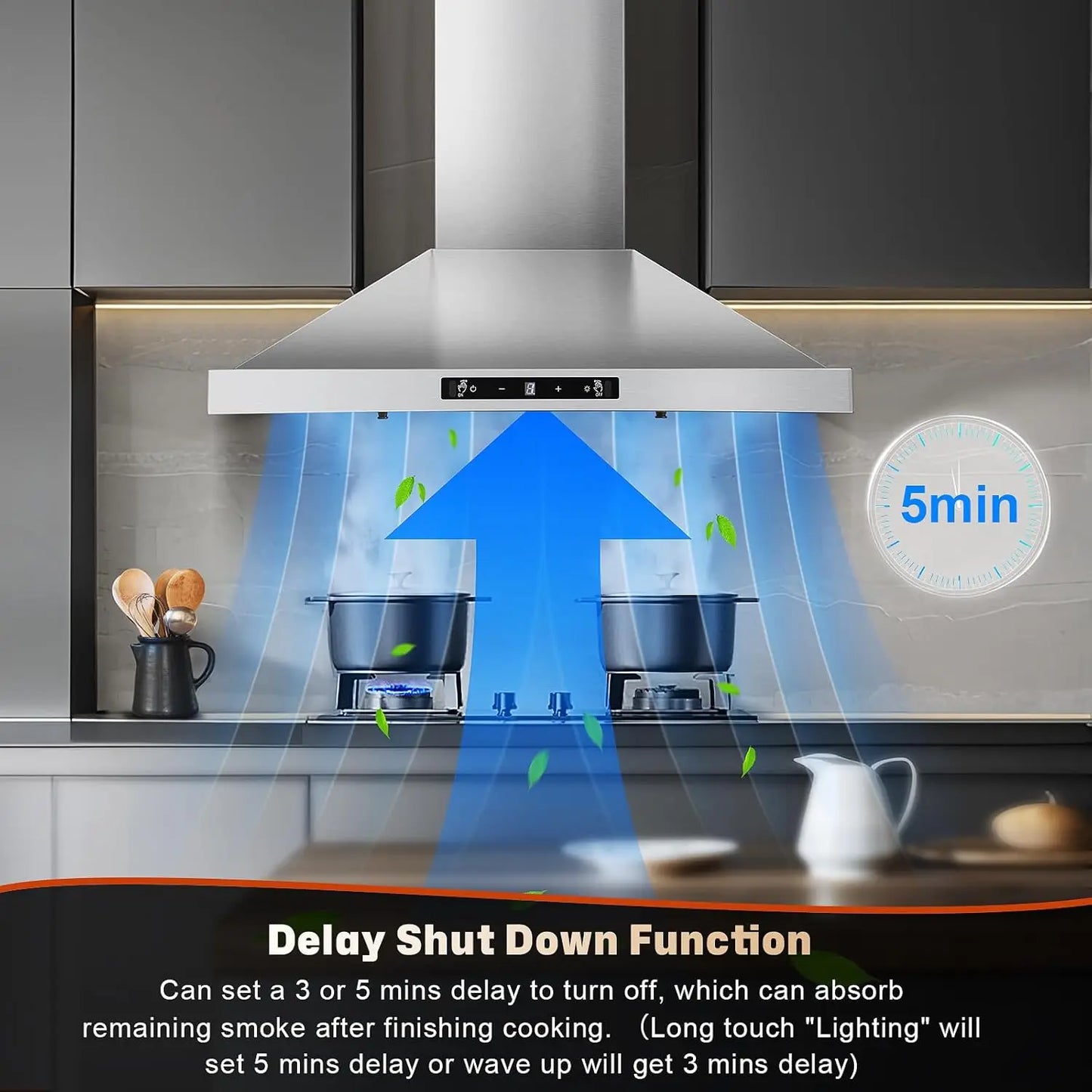 24/30 Inch Wall Mount 450CFM Stainless Kitchen Vent Gesture Sensing & Touch Control 3 Speed Range Hood