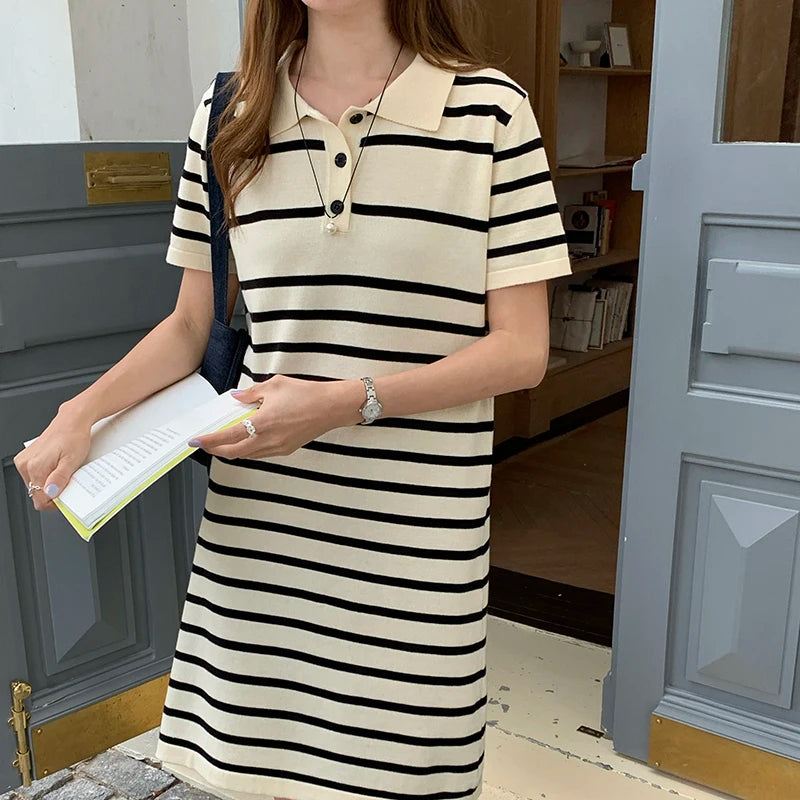 new Korean striped dress for women's summer, pure cotton straight tube mid length skirt