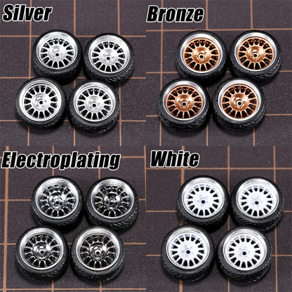 1/64 Model Car Wheels 4 Sets-11mm Diameter ABS Rubber Tires with Brake Disc-Upgrade Parts for Tomica Hot Wheels Diecast Vehicles