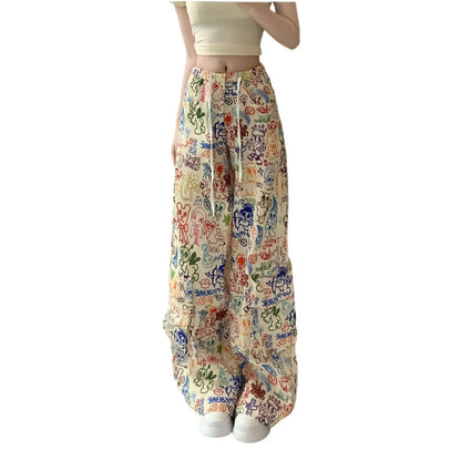 Y2K Cartoon Graffiti Wide Leg Pants - Colorful Print Drawstring High Waist Loose Streetwear Trousers for Women