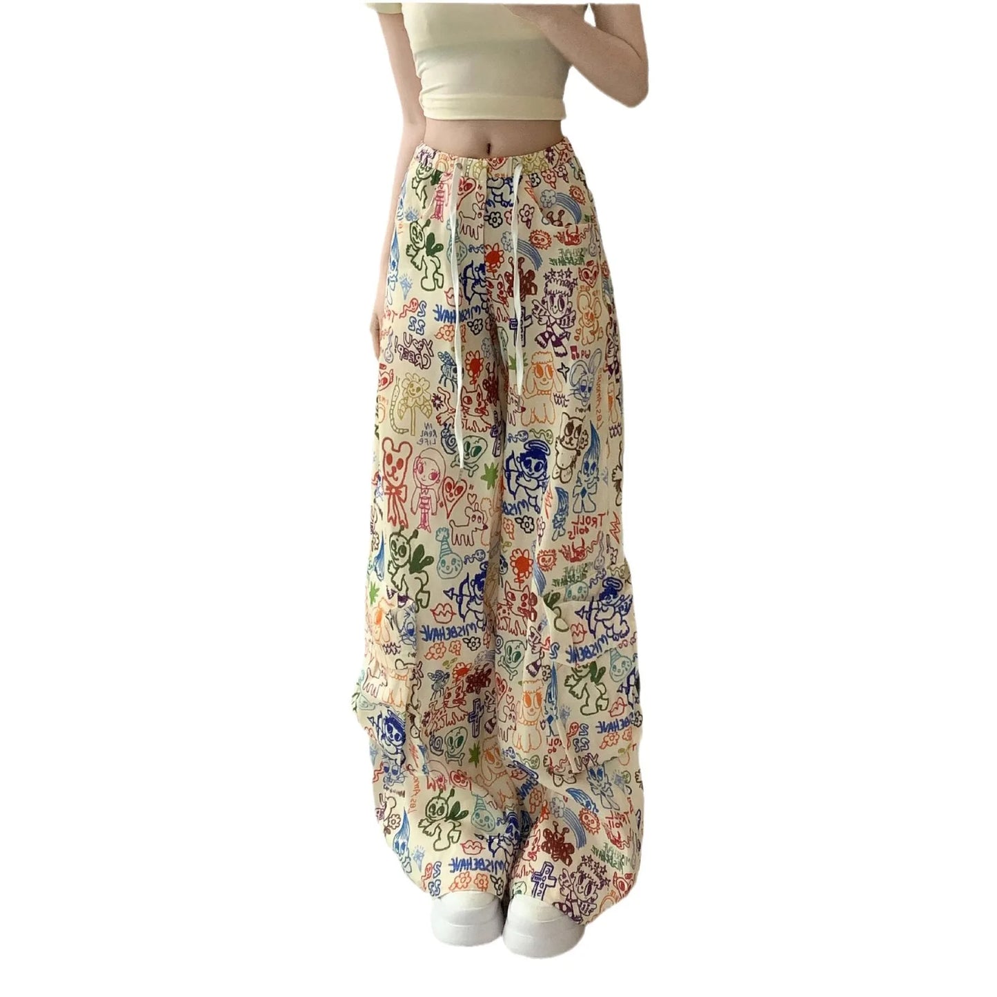 Y2K Cartoon Graffiti Wide Leg Pants - Colorful Print Drawstring High Waist Loose Streetwear Trousers for Women