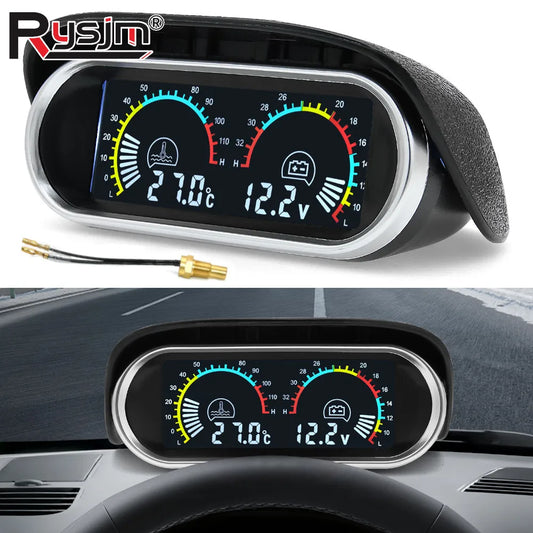 12V/24V 2 IN 1 Car Truck LCD Gauge Water Temperature Gauges +Voltmeter With 1/8 NPT Temp Sensor Water Temp Meter for Auto Cars