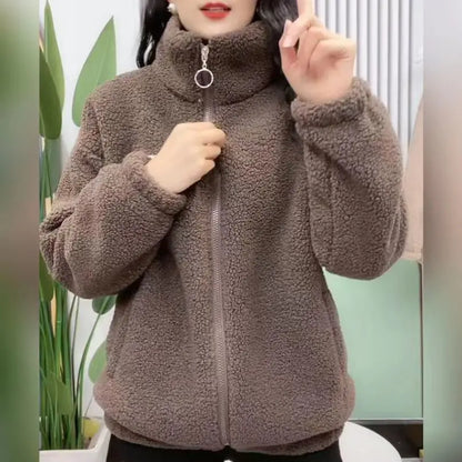Thickened Fleece Women's Zipper Hoodie Lamb Velvet Jacket Autumn Winter Warm Fashionable Casual Long Sleeve Stand Collar Coat