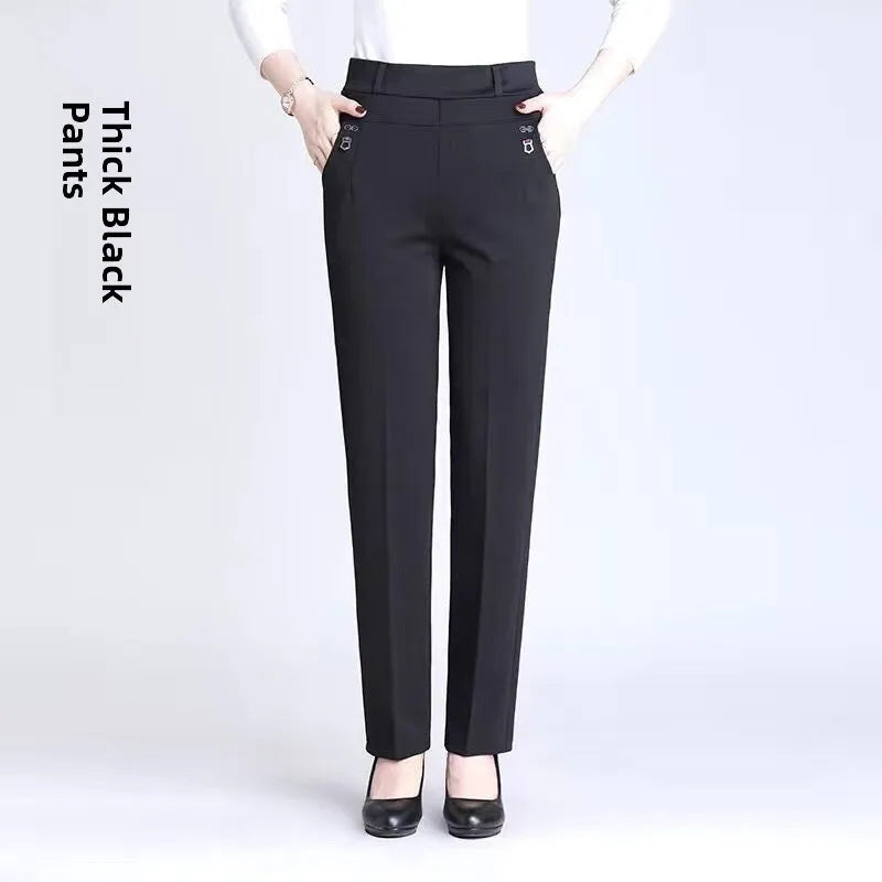 High Waist Fleece Lined Slimming Pants for Middle-Aged And Elderly Women Casual Long Pants Straight Leg Elastic Ankle Pants