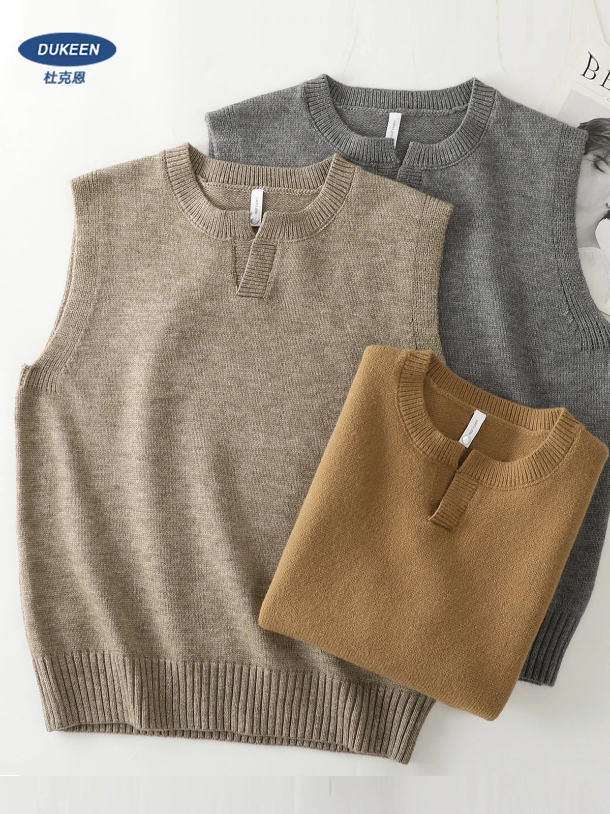 DUKEEN Classic Men's Sleeveless Sweater Vest Autumn Winter Solid Color Preppy Pullover Vest Business Casual Split Neck Knitwear