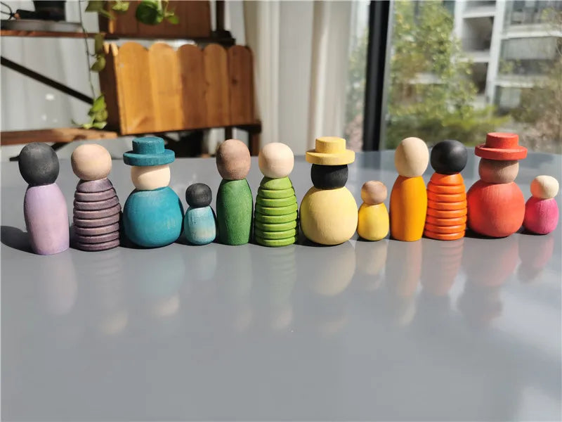 Wooden Montessori Toys Handmade Rainbow Peg Dolls Together Stacking Figurines Blocks For Children Open-ended Play