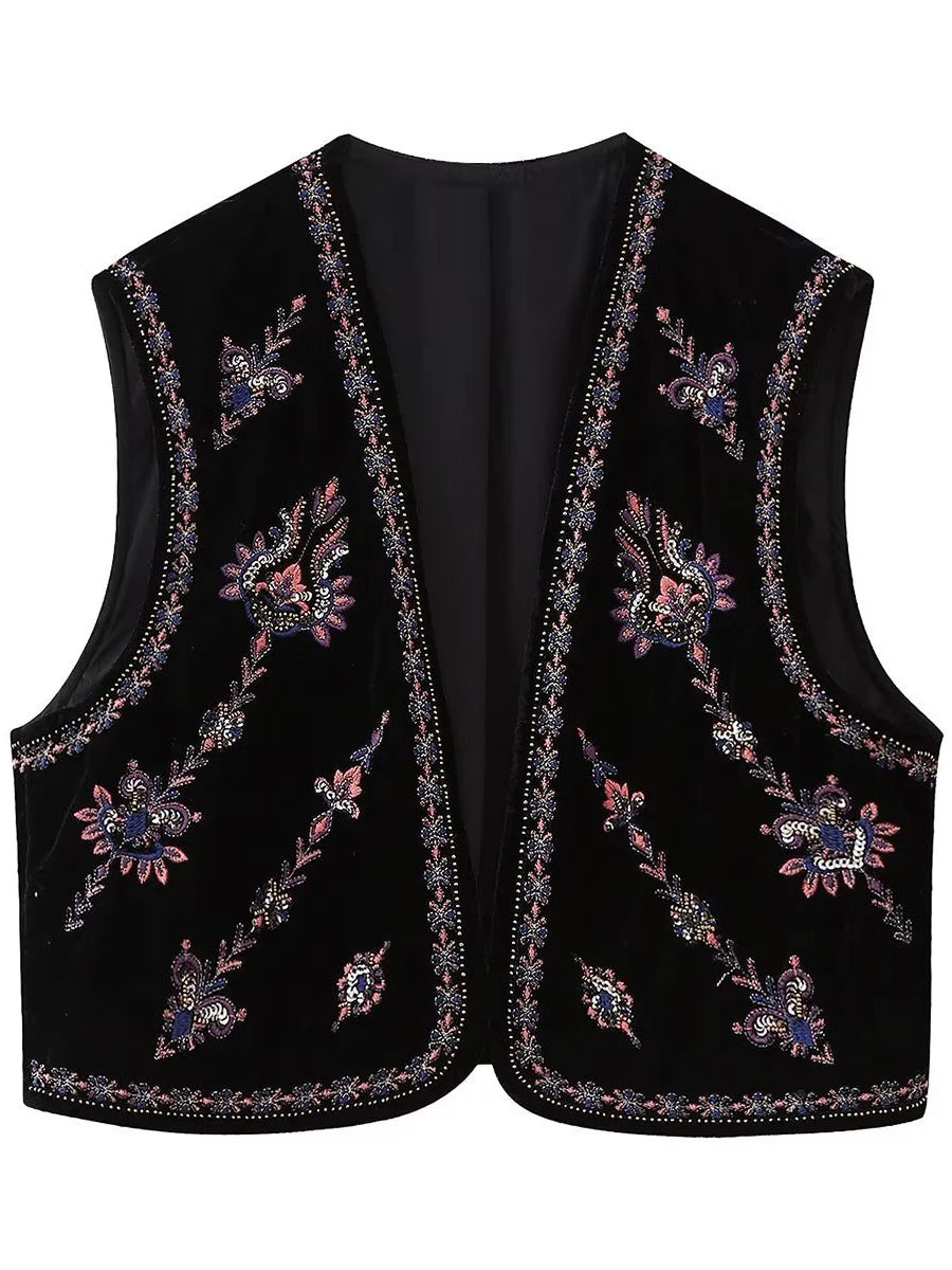 Women's Vintage Floral Embroidered Vest Tops Velvet Casual Open Front Sleeveless Cardigan Waistcoat Streetwear 2024 Autumn
