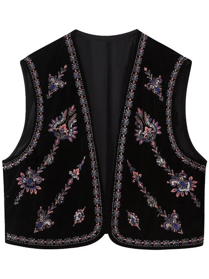 Women's Vintage Floral Embroidered Vest Tops Velvet Casual Open Front Sleeveless Cardigan Waistcoat Streetwear 2024 Autumn
