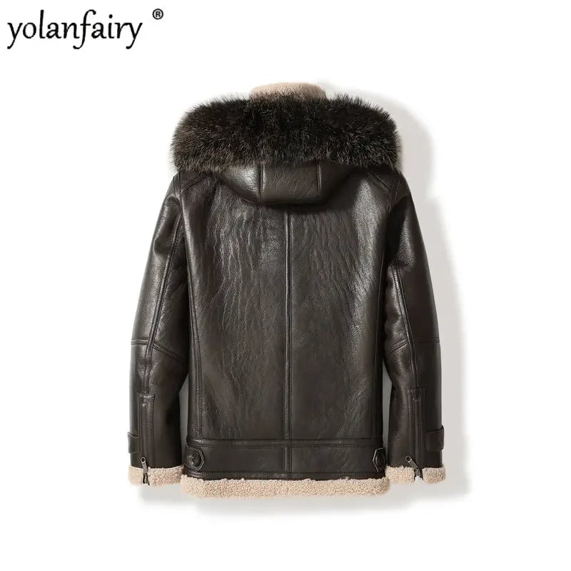 YOLANFAIRY Original Natural Sheepskin Leather Fur Coat Men Midium Hooded Genuine Leather Jacket Men Winter Real Jacket FCY4018