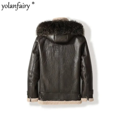 YOLANFAIRY Original Natural Sheepskin Leather Fur Coat Men Midium Hooded Genuine Leather Jacket Men Winter Real Jacket FCY4018