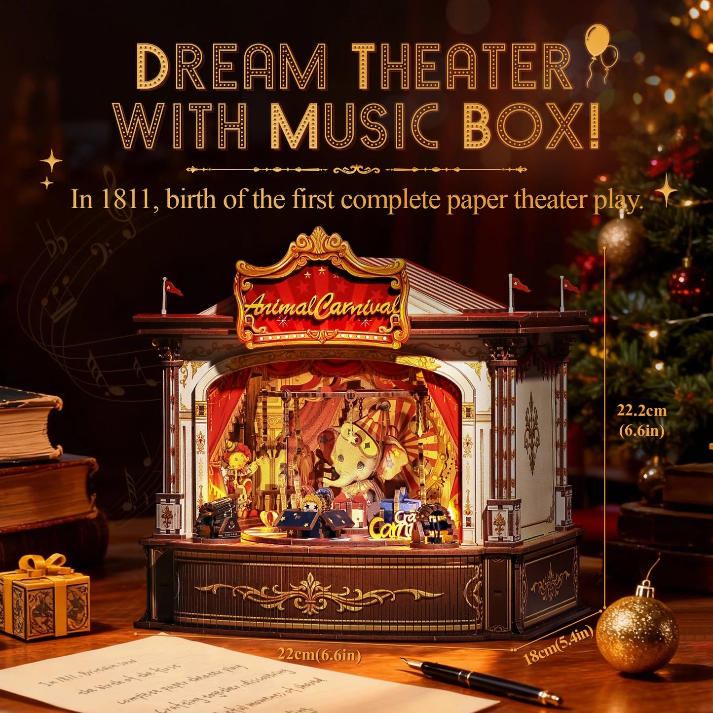 CUTEBEE Animal Carnival DIY Music Box Kit Wooden 3D Puzzle Miniature Dollhouse Cute Animal Figures Handcrafted Model for Desk De