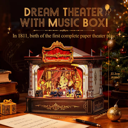 CUTEBEE Animal Carnival DIY Music Box Kit Wooden 3D Puzzle Miniature Dollhouse Cute Animal Figures Handcrafted Model for Desk De