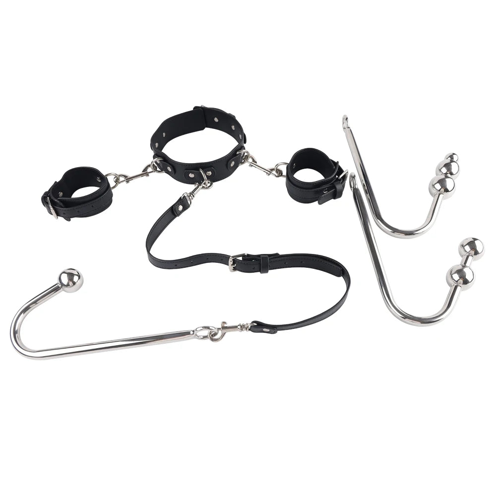 BDSM adjustable anal hook set leather collar handcuff straps BDSM removable multiple play accessories adult sex toys
