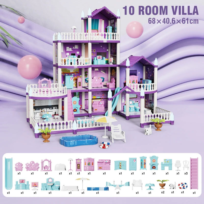 DIY Large Doll House Set Villa Play House Assemble Simulation Furniture Bedroom Kitchen Kids Educational Toys Girl Boys Gifts