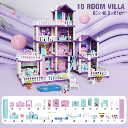 DIY Large Doll House Set Villa Play House Assemble Simulation Furniture Bedroom Kitchen Kids Educational Toys Girl Boys Gifts