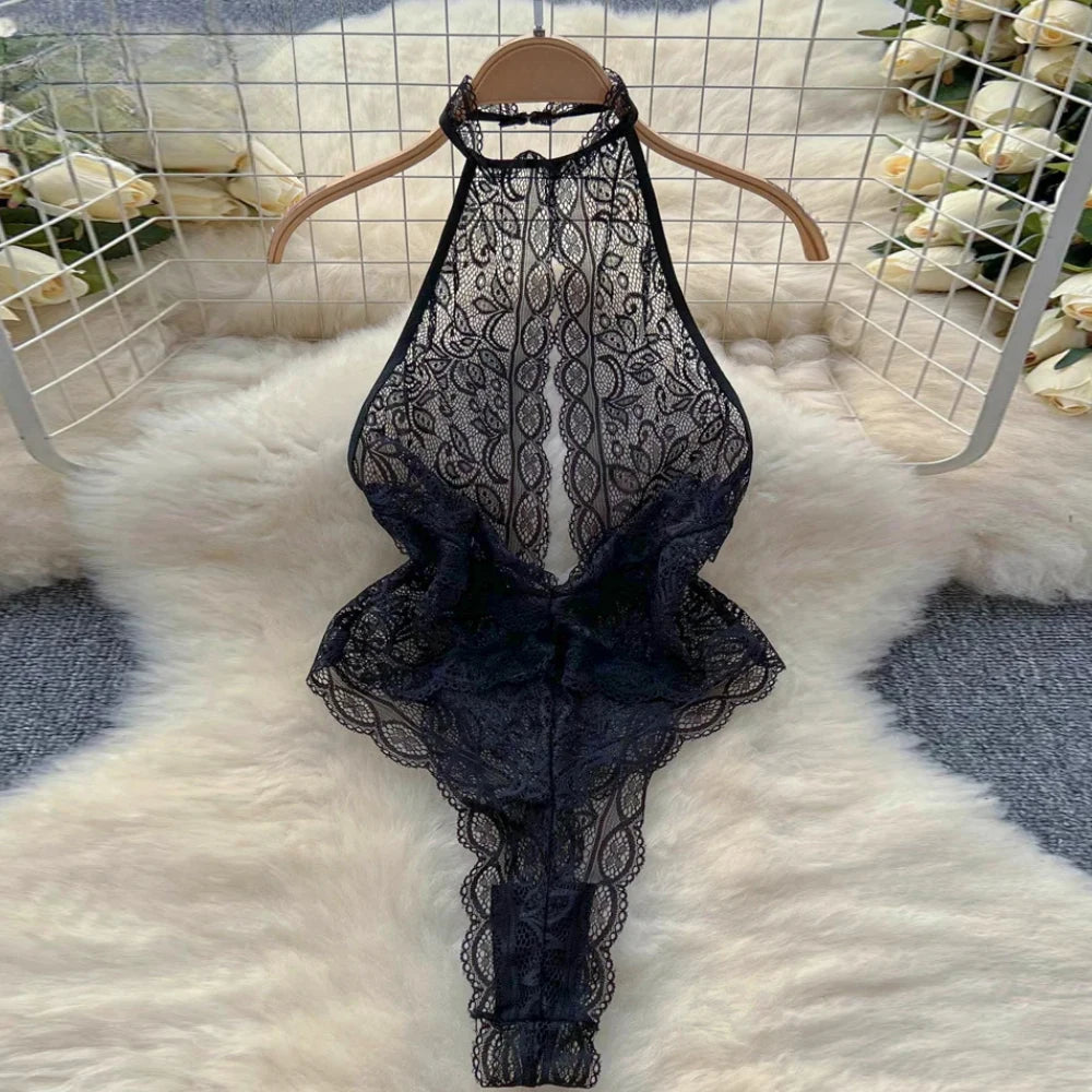 Sexy Lace Strap Jumpsuit Slim Fit Transparent Women's Pajamas Halter Playsuit Erotic Lingerie Catsuit Backless Hollowed Bodysuit