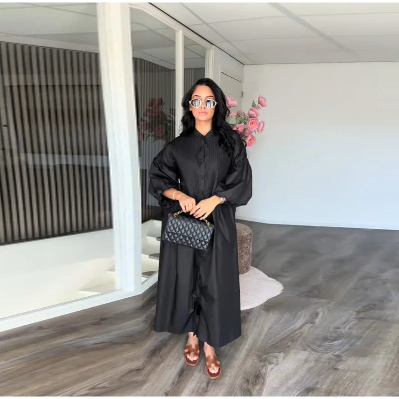 Casual Long Dress Women Solid Loose O Neck Single Breasted Full Lantern Sleeve High Waist Robe 2026 Spring Fashion Dresses Lady