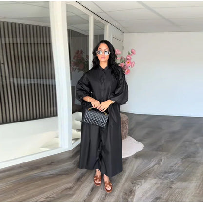 Casual Long Dress Women Solid Loose O Neck Single Breasted Full Lantern Sleeve High Waist Robe 2026 Spring Fashion Dresses Lady