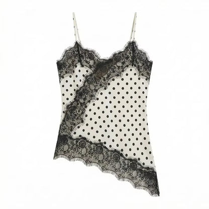 HH Women Elegant Polka Dot Lace Slip Tops Asymmetrical Hem Tanks Camis Summer Lady Sexy Lace Splicing Club Party Tops Camisole