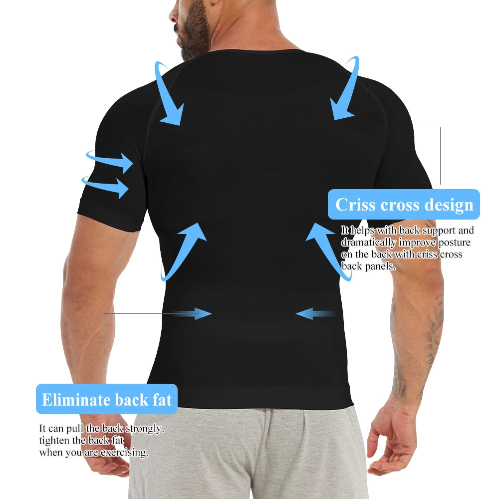 Men Gynecomastia Compression Shirts Shapewear Tummy Control Body Shaper Undershirt V-Neck Workout Baselayer T-Shirt