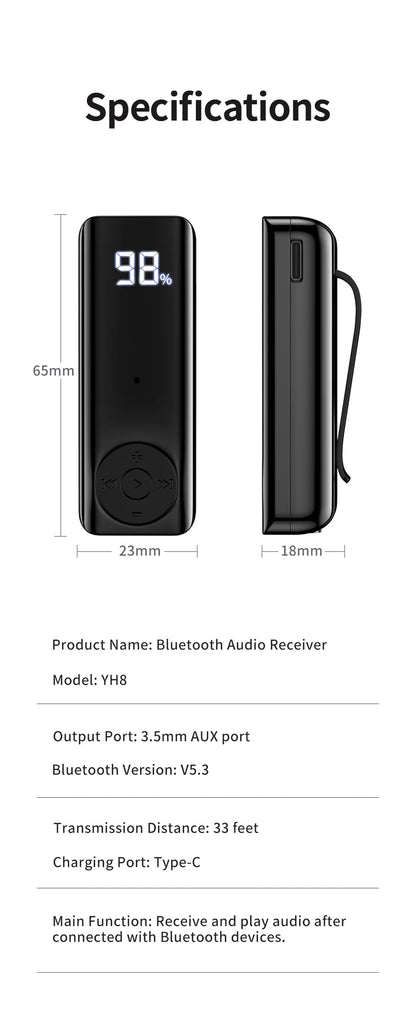 Bluetooth 5.3 Receiver Adapter Wireless Audio Adapter 3.5mm AV/AUX Jack ANC+ENC Active Noise Reduction Reciever For Car PC
