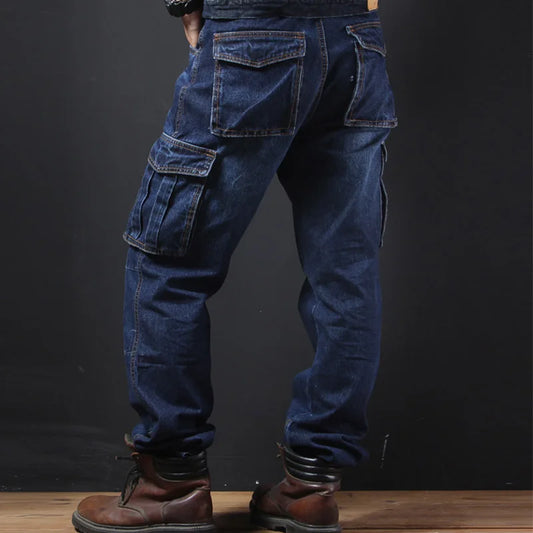 Mcikkny Fashion Men's Cargo Jean Pants With Multi-pockets Loose Style Motorcycle Denim Trousers For Male Washed Size 29-44