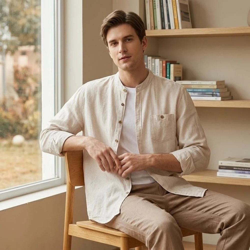 Mens Long Sleeve Business Casual Slim Fit Shirt Spring Autumn Stripe Cotton Linen Blend shirts Daily Commute Breathable tops