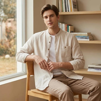 Mens Long Sleeve Business Casual Slim Fit Shirt Spring Autumn Stripe Cotton Linen Blend shirts Daily Commute Breathable tops
