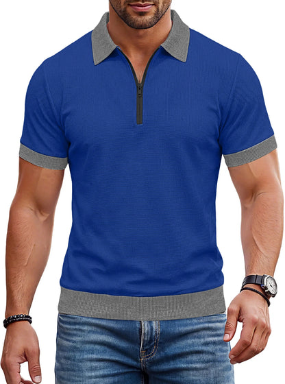 Men's Zip Polo Shirt Short Sleeve Contrast Trim Textured Casual Top 2026