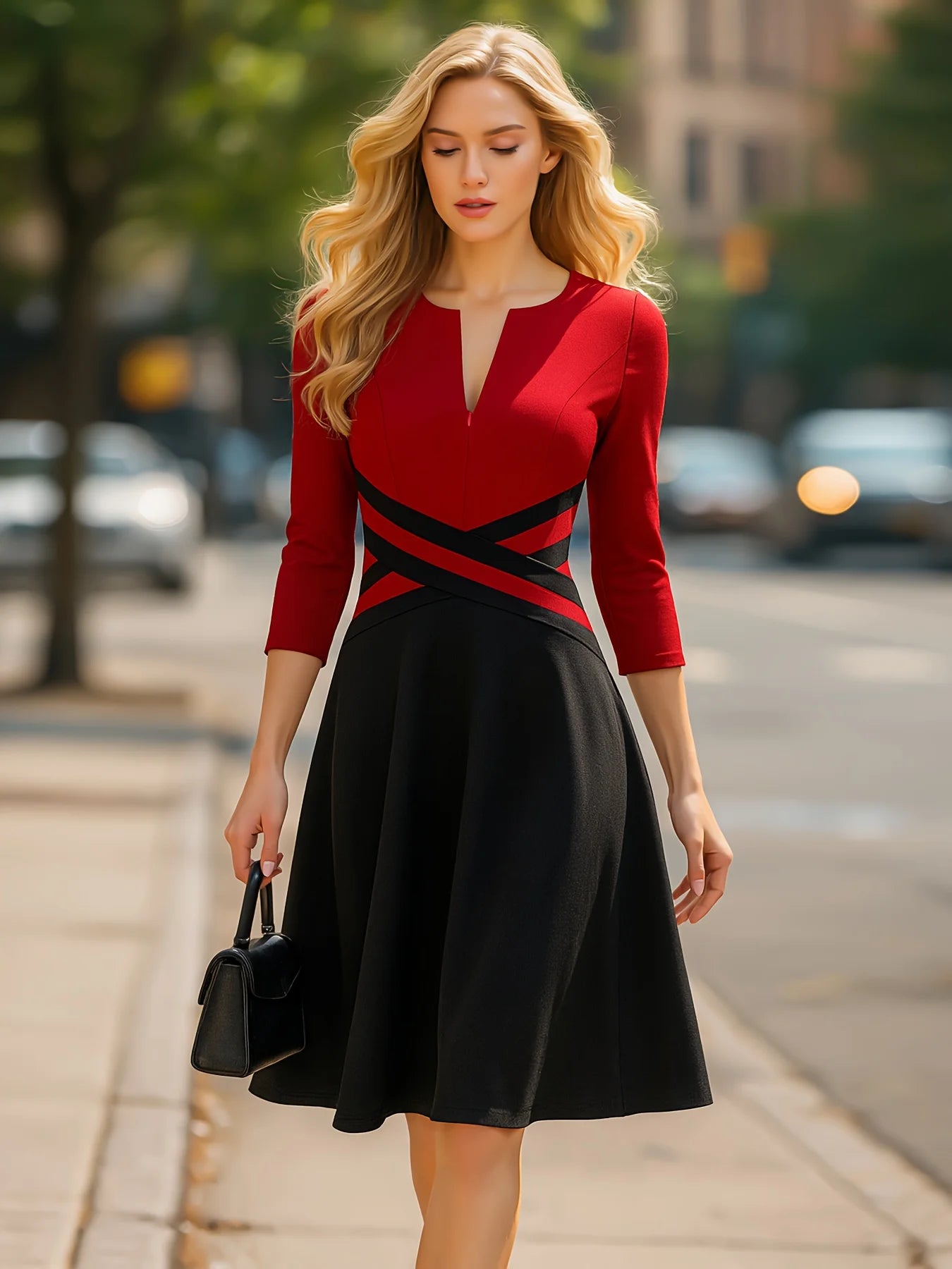 Womens Elegant Front Zipper Work Office A-Line Colorblock Business Casual Party Slim Fit And Flare Church Dress
