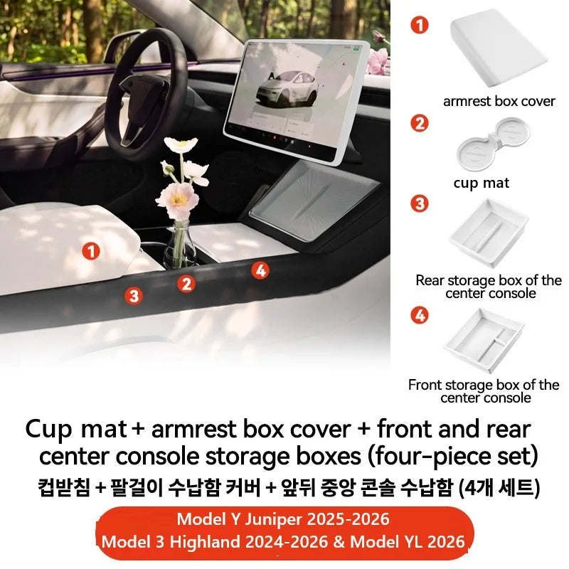 YZ For Tesla Model Y YL Juniper Model 3 Highland 2026 Console & Armrest Storage Box ABS Non-slip Mat Cup Holder Box Accessories
