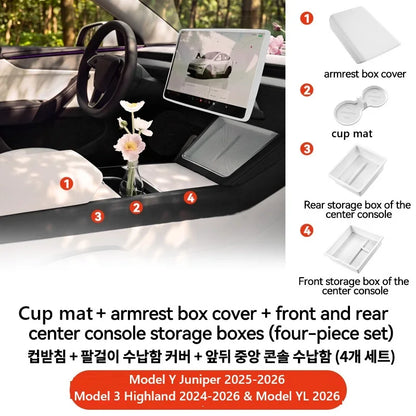 YZ For Tesla Model Y YL Juniper Model 3 Highland 2026 Console & Armrest Storage Box ABS Non-slip Mat Cup Holder Box Accessories