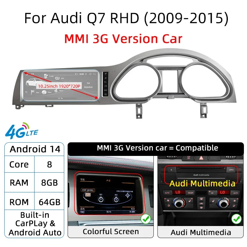 Android 14 Car Multimedia Player CarPlay For Audi Q7 4L RHD GPS Navigation Auto Radio Stereo DSP WIFI