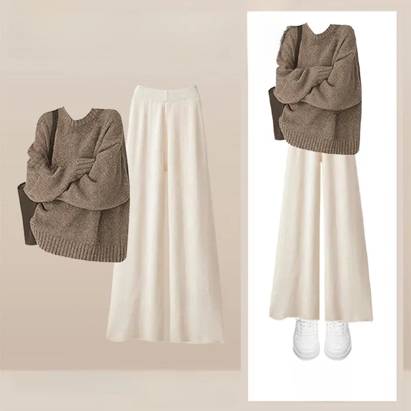 Loose Knitted Sweater And Wide Leg Pants Two Piece Set for Women Autumn Winter Comfortable Style plus Size Retro Casual Outfit