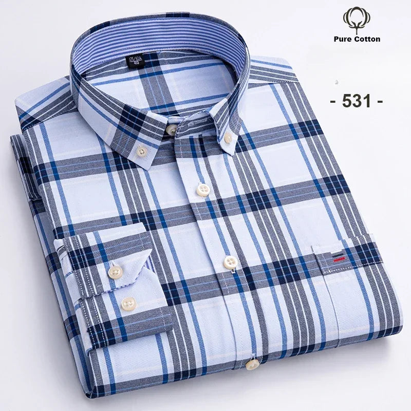 New In Shirt Plus Size 7XL 100% Cotton Oxford Long-Sleeve Shirts for Man Slim Fit Formal Plain Shirt Plaid Office Elegant Clothe