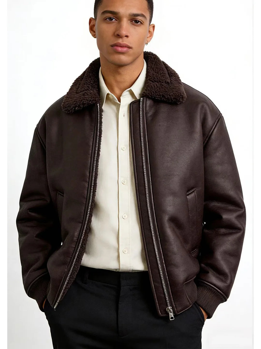 Loose Double-Sided Leather Effect Jacket Men's Casual Style Long Sleeve Zipper Closure Pure Color HMZR Autumn Winter New Arrival