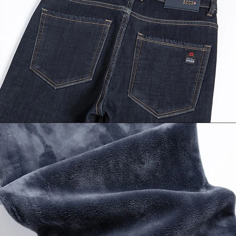 Men Autumn Winter Fleece Lined Thickened Jeans Male Warm Fashion Loose Straight Denim Pants High-Waisted Casual Trousers