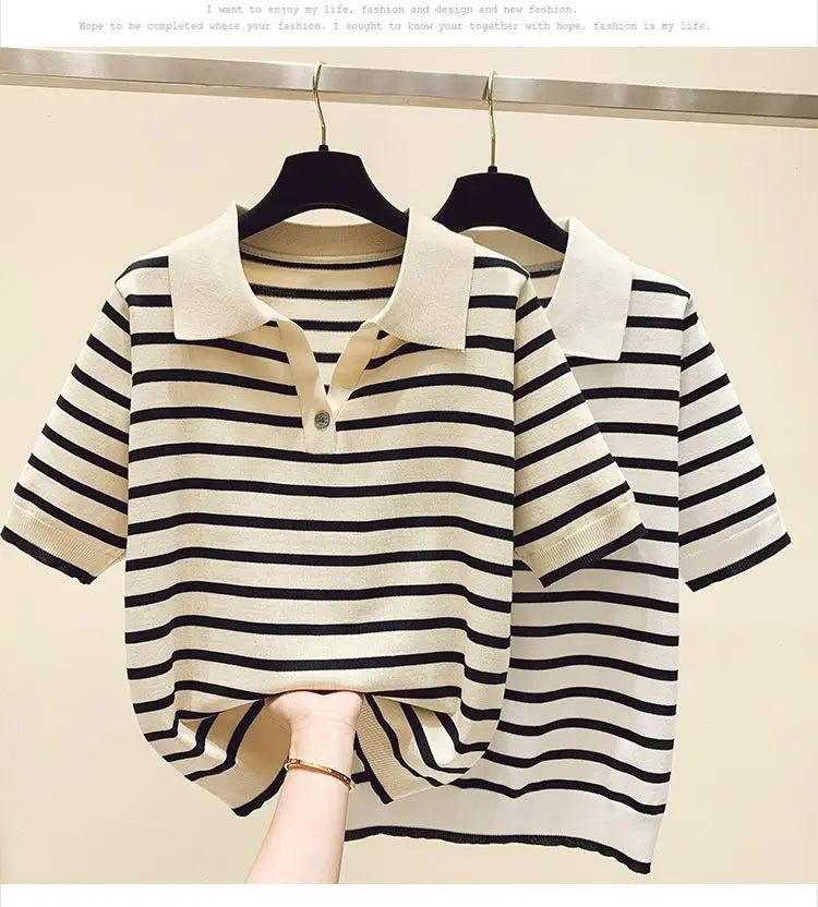 Loose Fit Ice Silk Knitted Short Sleeve T-Shirt Women's Summer Button up Top Slimming Striped  Neck Design plus Size