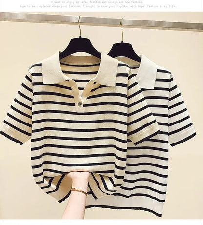 Loose Fit Ice Silk Knitted Short Sleeve T-Shirt Women's Summer Button up Top Slimming Striped  Neck Design plus Size