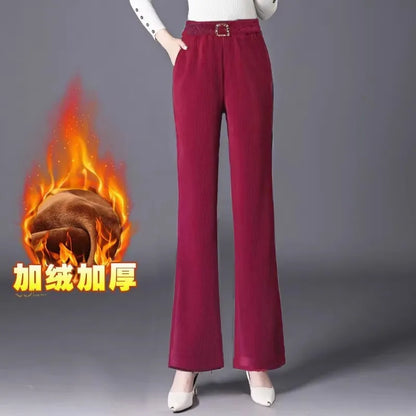 plus Size Flared Pants for Women Autumn Winter Fce Lined Casual High Waist Nine Points ket Pants for Middle-Aged Mothers