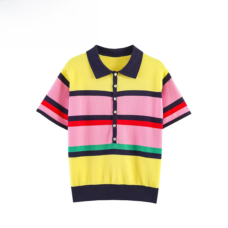 Fashionable Striped Knitted  Shirt Women's Loose Fit Business Casual Short Sleeve Classic Pattern Polyester Fiber