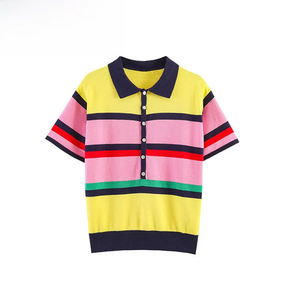 Fashionable Striped Knitted  Shirt Women's Loose Fit Business Casual Short Sleeve Classic Pattern Polyester Fiber